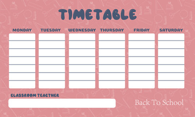 Sample timetable for elementary school. Schoolboy weekly planner template.Template for girl.Pink color
