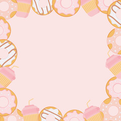 Tasty doughnut. Frame with bagel and coffee cup