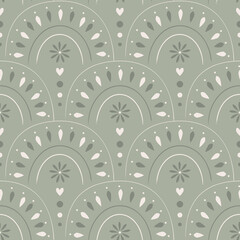 Cute boho seamless pattern in muted sage green color with arches. Vector background in modern bohemian style perfect for scrapbooking, textile, wrapping paper and stationery for kids and adults © Svetlana Lerie