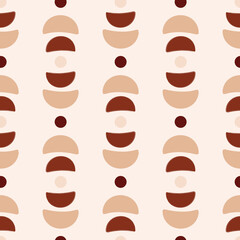 Abstract vector seamless pattern with mid-century minimalist design with geometric shapes. Hand-drawn terracotta, brown and beige circles and semi-circles on light background 