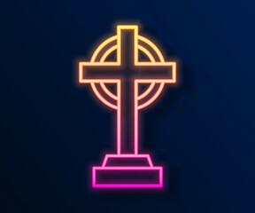 Glowing neon line Tombstone with cross icon isolated on black background. Grave icon. Happy Halloween party. Vector