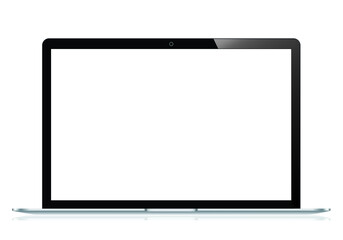 Realistic elegant slim laptop isolated on white background incline 90 degree. computer notebook with empty screen. blank copy space on modern mobile computer.