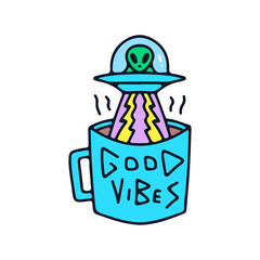 Alien on spaceship with a cup of coffee, illustration for t-shirt, street wear, sticker, or apparel merchandise. With retro, and cartoon style. © Epan