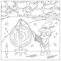 Coloring page with Rumpelstiltskin. Classical fairy tale for children. Cute kawaii characters. Old vintage spinning wheel with wheat. Vector illustration for coloring book.