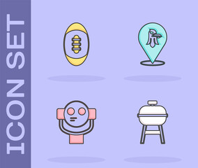 Set Barbecue grill, American Football ball, Tourist binoculars and Eagle icon. Vector