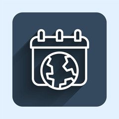 White line World Earth day icon isolated with long shadow background. Eco friendly world. Ecology and nature concept. Blue square button. Vector