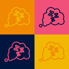 Pop art line Sleepy icon isolated on color background. Sleepy zzz talk bubble. Vector
