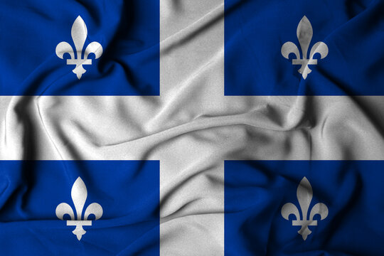 Selective focus Flag of Quebec province and territory of Canada, with waving fabric texture. 3D illustration