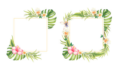 Set watercolor hand-painted square tropical frame with leaves and flowers.Green wreath of palm leaves, hibiscus flowers, plumeria, orchid.Perfect for the design of summer wedding invitations and cards