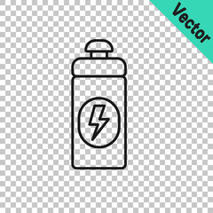 Black line Fitness shaker icon isolated on transparent background. Sports shaker bottle with lid for water and protein cocktails. Vector