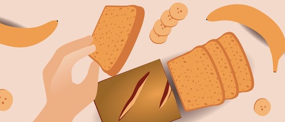 Banana bread and slice in hand, flat vector stock illustration with gluten free vegan food and bananas