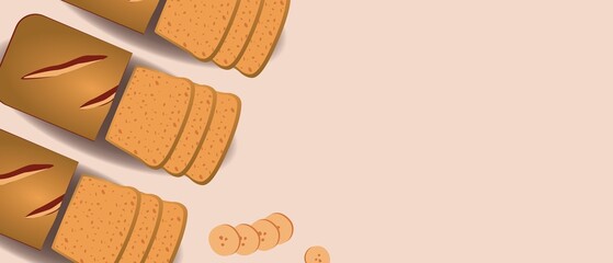 Banana bread cut, flat vector stock illustration with gluten free food and text space for design and overlay