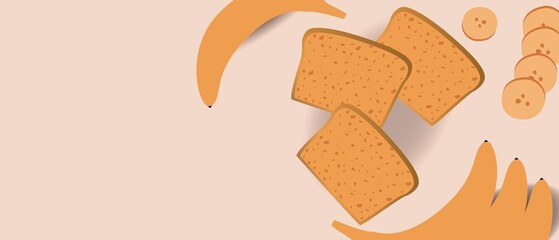 Banana bread with sliced pieces and banana, flat vector stock illustration with gluten free food and text space