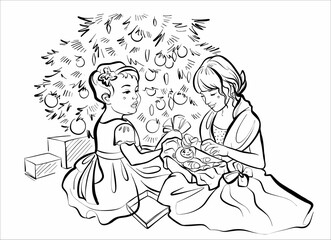 Little sister girls under the Christmas tree, open gifts. Vector. Black and white illustration for coloring.