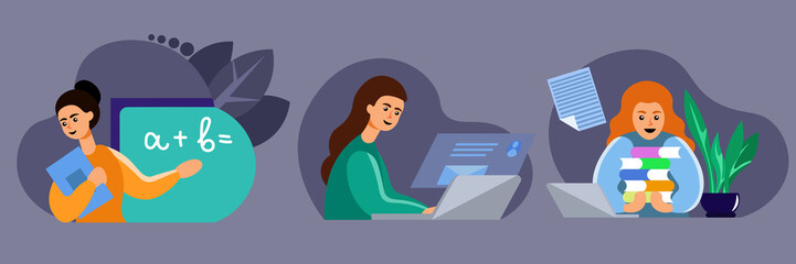 A set of illustrations on the theme of education. Characters get an education, read books, go to training courses and get knowledge from the Internet. Vector illustration