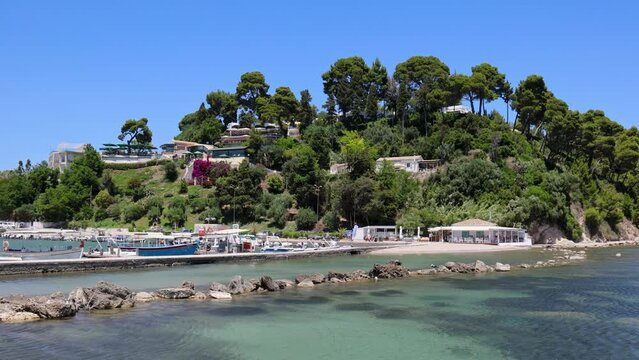 Ionian Sea shore in Kanoni area of Corfu city, Corfu Island, Greece, 4k