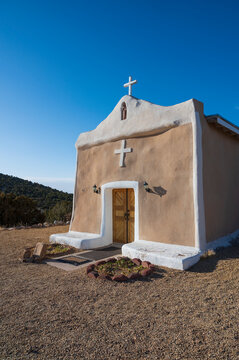 USA, New Mexico, Golden, Facade of San Francisco de Asis Church