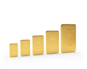 Gold bars by size on white. 3d illustration