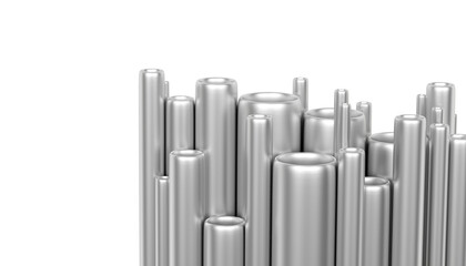 Vertical metal pipes of various diameters. 3d illustration