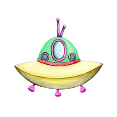 Space rocket watercolor. Traveling astronaut on a ship across the universe. UFO. Cute alien guest transport. Celestial flight. Hand drawn illustration isolated element on white background.