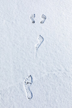 Overhead view of bare footprints in fresh snow