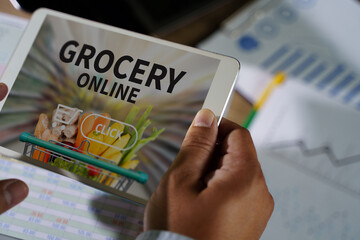 shopping groceries on online supermarket for food grocery shop ordering fresh grocery online food and eats online buying and delivery concept
