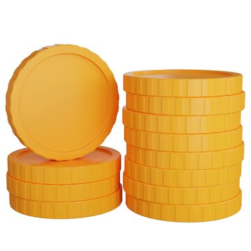 Two stacks of gold coins with one coin on one stack on a white background - 3d render illustration