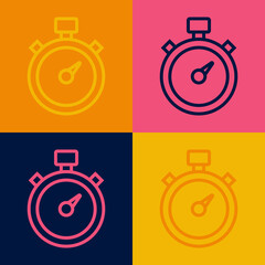 Pop art line Stopwatch icon isolated on color background. Time timer sign. Chronometer sign. Vector