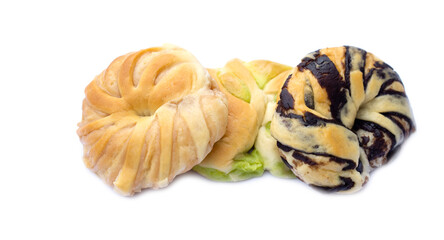 Homemade bun bread mixed butter, chocolate, pandan cream and mashed taro on white background. Concept : Bakery. Baking menu, snacks or dessert. Unhealth, full with trans fat  but delicious. 