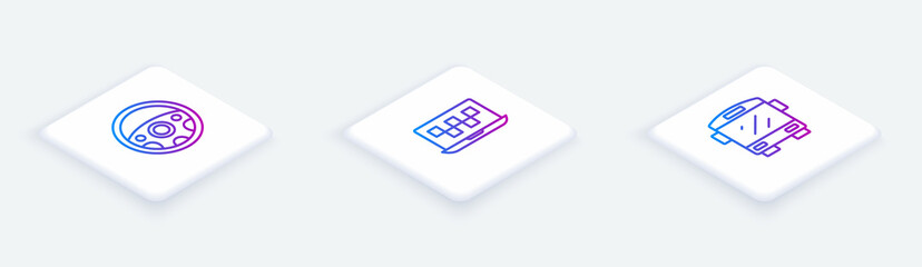 Set Isometric line Steering wheel, Laptop call taxi service and Bus. White square button. Vector