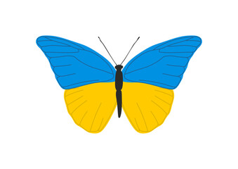 Fototapeta na wymiar Butterfly in the colors of the Ukrainian flag poster placard symbol pray for Ukraine.