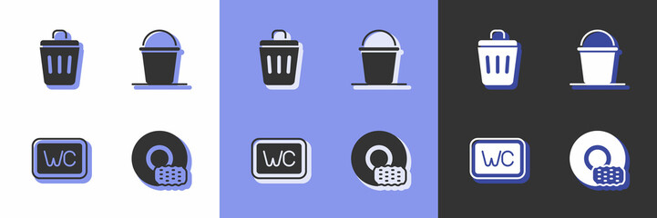 Set Washing dishes, Trash can, Toilet and Bucket icon. Vector