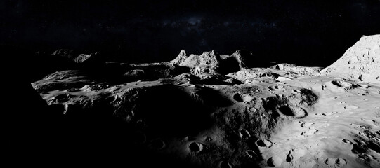 Moon surface scene 3D rendering. Dark background moonscape.