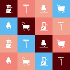 Set pop art Well, Garden rake, Fruit tree and Wheelbarrow icon. Vector