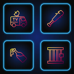 Set line Prison window, Cocktail molotov, TV News car and Baseball bat with nails. Gradient color icons. Vector