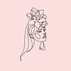 Line Art Woman Face with Flowers Continuous One Line Drawing. Female Art Print Line Drawing. Woman Face Modern Print. Minimalist Female Contour Art Design. Salon Logo. Natural Cosmetics symbol