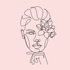 Line Art Woman Face with Flowers Continuous One Line Drawing. Female Art Print Line Drawing. Woman Face Modern Print. Minimalist Female Contour Art Design. Salon Logo. Natural Cosmetics symbol