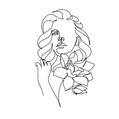 Line Art Woman Face with Flowers Continuous One Line Drawing. Female Art Print Line Drawing. Woman Face Modern Print. Minimalist Female Contour Art Design. Salon Logo. Natural Cosmetics symbol