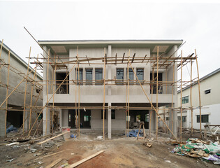 Under construction home or house with scaffolding on site in village. Interior. Old unfurnished room rental property, living space units. lifestyle. Renovation.