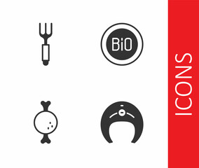 Fototapeta premium Set Fish steak, Fork, Chicken leg and Banner for bio icon. Vector