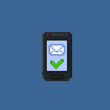 mobile phone with success sending message sign in pixel art style