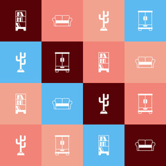 Set pop art Library bookshelf, Sofa, Coat stand and Wardrobe icon. Vector