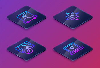 Set Isometric line City map navigation, , Wind rose and Laptop with location marker. Blue square button. Vector