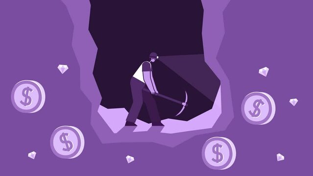 Purple Style Man Flat Character Mining Dollar Coins Cent in Cave. Isolated Loop Animation