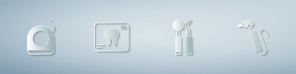Set Dental floss, X-ray of tooth, mirror and probe and Tooth drill. Paper art style. Vector