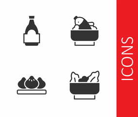 Set Wonton, Soy sauce bottle, Dumpling and Rice with fish bowl icon. Vector