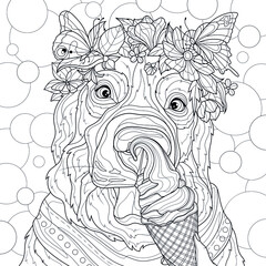 Dog with flower wreath and ice cream. Coloring book antistress for children and adults. Illustration isolated on white background. Zen-tangle style. Hand draw