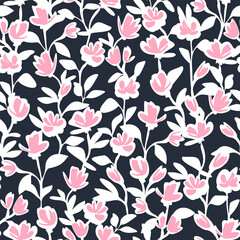 Botanical vector background with painted flowers. Hand drawn meadow. Floral seamless pattern. Craftdrawn retro styled small scaled fashion print for fabric, paper, home textile and goods