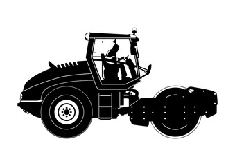 Single drum compactor. Silhouette of road roller. Vector.