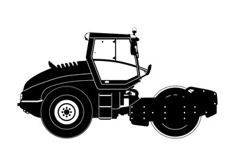 Single drum compactor. Silhouette of road roller. Vector.
